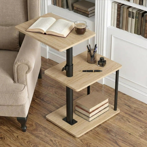 Built Tough 360 Degree Swivel C Shaped End Table With Roomy Three Tier Open Storage Rack And Heavy Duty Metal Frame Featuring Slick Oak Finish For Couch Or Bedside, featuring an open storage rack and coffee.