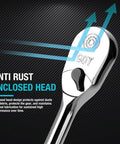 Tough As Nails 1/2 Inch Drive Ratchet Wrench With Extra Long Handle And 90 Tooth Design, showing enclosed head for anti-rust protection.