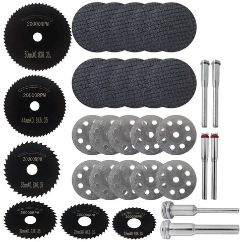 Go To Rotary Tool Cutting Discs Kit With Three Different Saw Blades For Wood Metal Plastic Glass And Stone Upgraded Cutting Wheel Set For DIY Projects And Crafting Needs, showing various cutting discs and tools