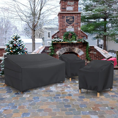 Heavy Duty Waterproof Outdoor Sofa Cover For A 3 Seater Loveseat, All Weather Protection, Snug Fit With Adjustable Strap, 79Wx37Dx35H, Black on patio