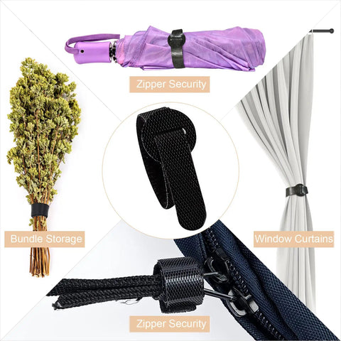 Reusable Cable Ties Organizer Set For Home Office And Tech Gear, black strap securing umbrella, plant, curtain, and zip.