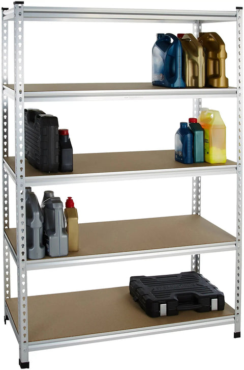 Rock Solid Five Tier Aluminum Storage Shelving Rack With Adjustable Heavy Duty Platforms For Garage Workshop And Home Top Notch Frame Handles Massive Loads Quick No Sweat Snap Together Setup Keeps Mess Out Of Sight Daily