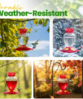 Outdoor 20 Oz Hummingbird Feeder With Ant Moat And Six Feeding Ports Perch Nectar Feeder For Garden Yard Deck Easy Hang No Fuss Attract More Hummingbirds With Bright Red Base And Realistic Flower Ports in garden settings