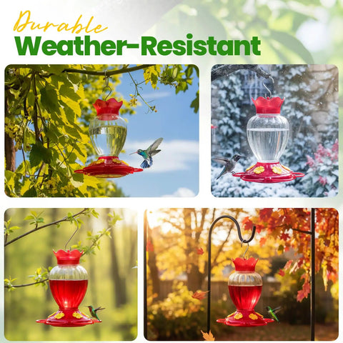 Outdoor 20 Oz Hummingbird Feeder With Ant Moat And Six Feeding Ports Perch Nectar Feeder For Garden Yard Deck Easy Hang No Fuss Attract More Hummingbirds With Bright Red Base And Realistic Flower Ports in garden settings