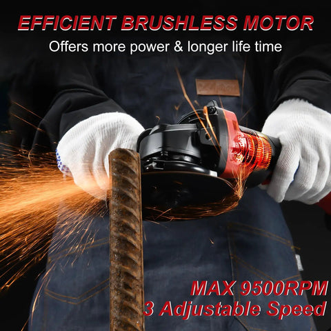 Cordless 21V Brushless Angle Grinder cutting rebar with 4-1/2 inch disc, paddle switch, dual 4.0Ah battery and charger visible.