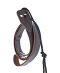 Kickass Premium Leather Mandolin Strap With A Sturdy Cradle Style fully adjustable brown strap coiled with braided cord detail.
