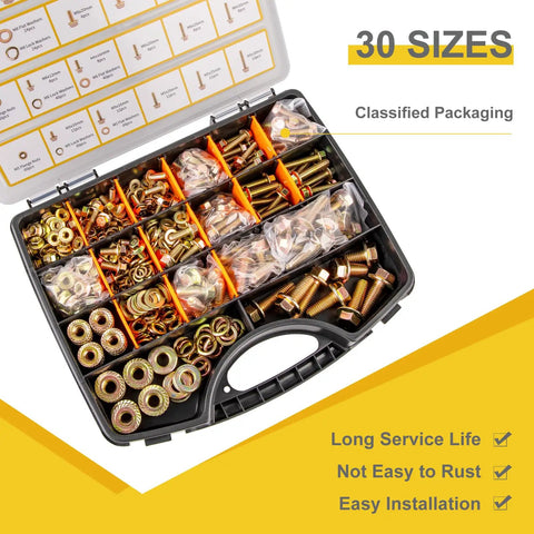 Heavy Duty Flange Bolt Kit 528Pcs M5 M6 M8 M10 8.8 Pro Grade with nuts and washers in yellow zinc storage case