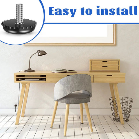 15 Pack 1/4 20 Adjustable Furniture Levelers Built From Heavy Duty Stainless Steel Screw In Feet on a desk setup with a lamp.