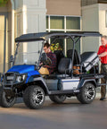 Four 205/50-10 Golf Cart Wheels And Tires Set With 10 Inch Aluminum Alloy Rims installed on a blue golf cart, Yamaha model.