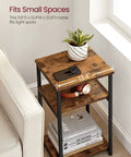 End Table Side Table For Living Room, Modern Tall Nightstand With Steel Frame, Rustic Brown And Ink Black Finish, showing plant, phone, books.