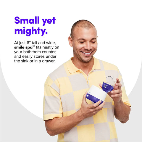 Ultra Deep Clean Ultrasonic And UV Dental Appliance Cleaner For Aligners, Retainers, Dentures, Mouthguards, Toothbrush Heads And More With Dual Cleaning Tech For A Fresh, Odor Free Smile. Small 6-inch Smile Spa device held open.