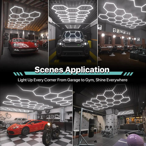 Garages and gyms with hexagon-patterned LED lights using 2 Pack Hexagon LED Light Y Connectors for Garage Lights, 120 Degree Y Adapters.