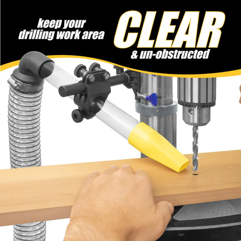 Top Shelf Pro Grade Universal Drill Press Dust Collector With Multi Axis Adjustable Hose Mount, close-up of dust collection hose on drill.