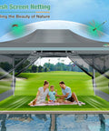 10x15 Heavy Duty Pop Up Canopy Tent With Sidewalls, Waterproof, No Fuss Setup, Mosquito Netting, Instant Outdoor Shelter For Parties And Weddings, Backyard, Carry Bag Included, Gray in a garden setting with a family inside