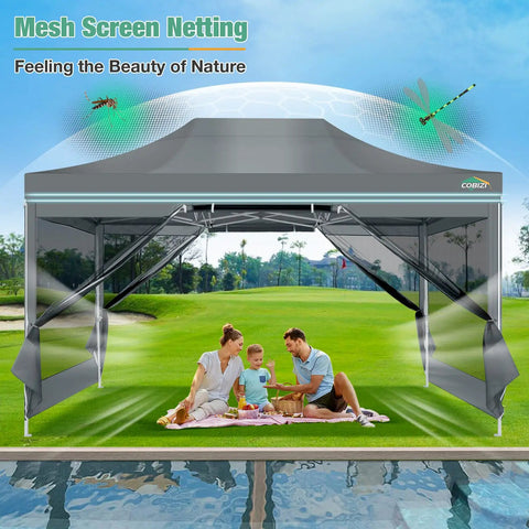 10x15 Heavy Duty Pop Up Canopy Tent With Sidewalls, Waterproof, No Fuss Setup, Mosquito Netting, Instant Outdoor Shelter For Parties And Weddings, Backyard, Carry Bag Included, Gray in a garden setting with a family inside