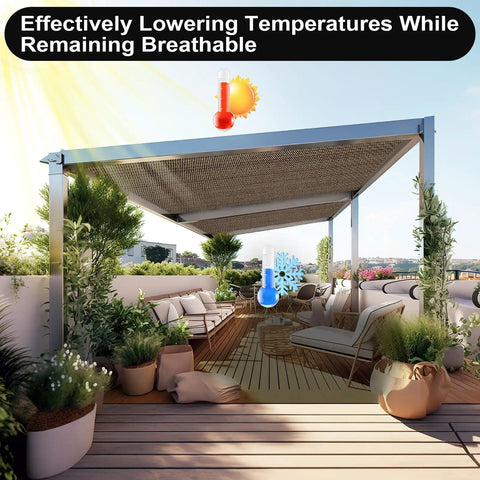 90 Percent Sun Shade Cloth For Patio And Backyard 10x10 Ft Pergola Shade Cover With Grommets installed over outdoor seating area