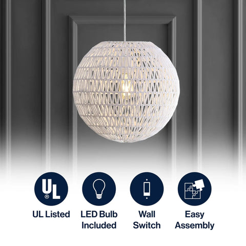 15.7 Inch White Modern Bohemian Woven LED Pendant Light With Adjustable Hanging Ceiling Lamp For Kitchen Island And Dining Room, Paper Wicker Shade, Bulb Included, Sleek And Lit