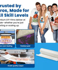 Group wearing custom shirts, DTF transfer examples, and Transfer Film Roll For All Fabrics 13 Inch Wide By 328 Feet A3 Plus Premium PET.