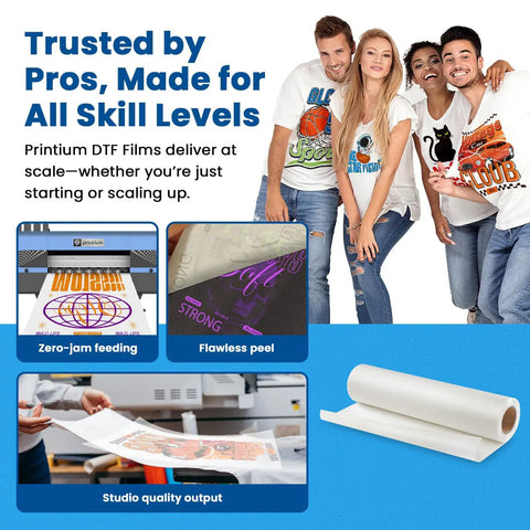 Group wearing custom shirts, DTF transfer examples, and Transfer Film Roll For All Fabrics 13 Inch Wide By 328 Feet A3 Plus Premium PET.