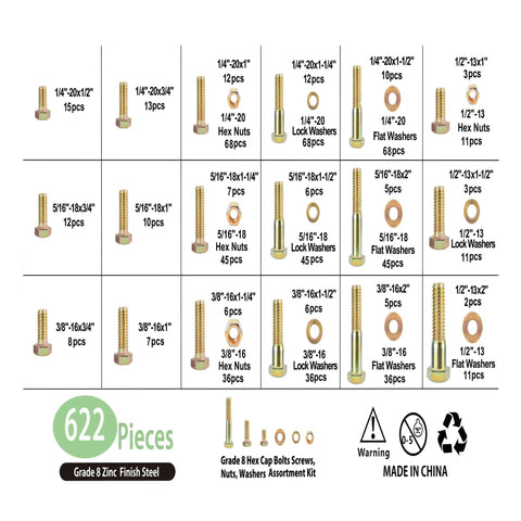 Tough As Nails Grade 8 Nuts And Bolts Assortment Kit For Pickup Builds and Weekend Shop Work complete with 622 fastening pieces chart.