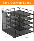 Five Tier Desk Organizer With Letter Trays And File Holder Space Saving Desktop Organizer For Office Supplies Multi Compartment Paper Tray System To Boost Efficiency And Keep Your Workspace Boss Level Tidy Black mesh design with dimensions 12.2 x 11 x 9.56 inches
