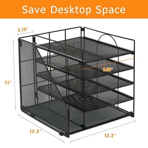 Five Tier Desk Organizer With Letter Trays And File Holder Space Saving Desktop Organizer For Office Supplies Multi Compartment Paper Tray System To Boost Efficiency And Keep Your Workspace Boss Level Tidy Black mesh design with dimensions 12.2 x 11 x 9.56 inches