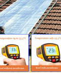 Rock Solid Self Adhesive Waterproof Membrane Roll installed on roof, showing temperature difference without and with membrane.