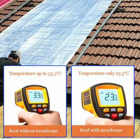 Rock Solid Self Adhesive Waterproof Membrane Roll installed on roof, showing temperature difference without and with membrane.