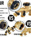 4 Way Heavy Duty Brass Garden Hose Splitter For 3/4 Inch Hoses, No Nonsense Water Faucet Splitter With 4 Valves, Rubber Washers And Teflon Tape, Arthritis Friendly Top Connection, Built Tough Yard Hose Connector For Quick Setup comparison view