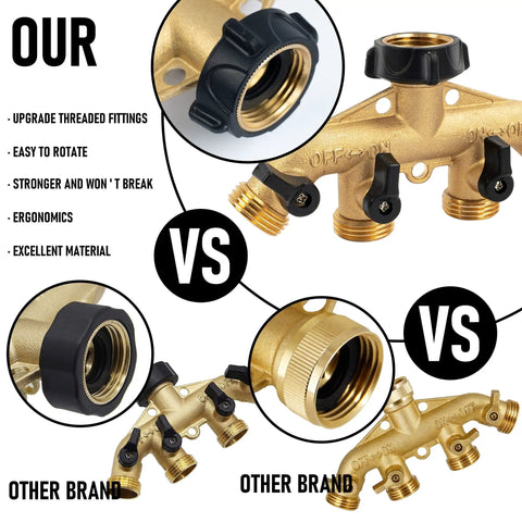 4 Way Heavy Duty Brass Garden Hose Splitter For 3/4 Inch Hoses, No Nonsense Water Faucet Splitter With 4 Valves, Rubber Washers And Teflon Tape, Arthritis Friendly Top Connection, Built Tough Yard Hose Connector For Quick Setup comparison view