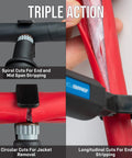 Round Cable Stripper CST-1900 With Spiral Stripping Mode in action, triple cutting techniques on cables.