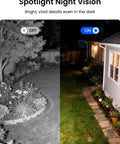 Comparison of night vision with Lumus Outdoor Security Camera With 2K Color Night Vision Spotlight on and off in a garden setting.
