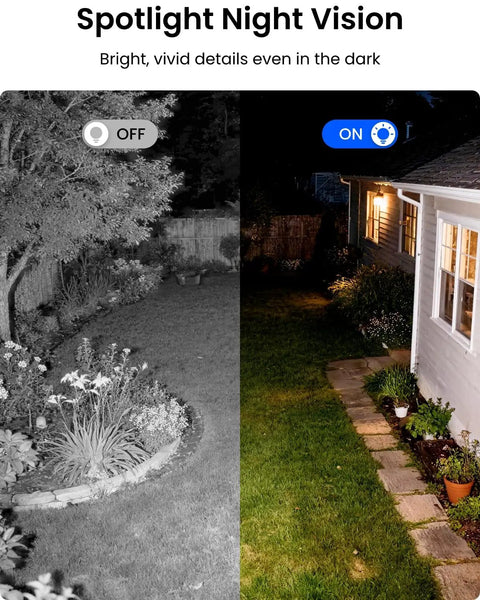 Comparison of night vision with Lumus Outdoor Security Camera With 2K Color Night Vision Spotlight on and off in a garden setting.