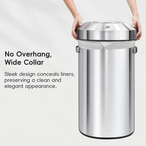 Heavy Duty 24 Gallon Round Stainless Steel Open Top Waste Bin Smooth Brushed Finish with wide collar for easy liner concealment.