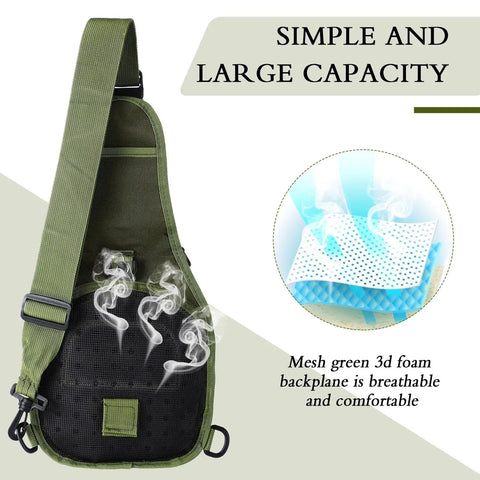 Back view of All In One Fishing Backpack Kit With Pliers Hook Remover Weighing Scale Fish Gripper Separator Lanyard Sheath Built Tough Army Green Ready For Any River Or Lake Adventure For Men And Women with breathable mesh back