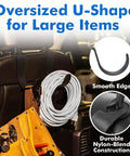 Heavy Duty Headrest Hooks for Trucks and Cars, Extra Large Seat Back Organizer holding cable and tool bag in vehicle