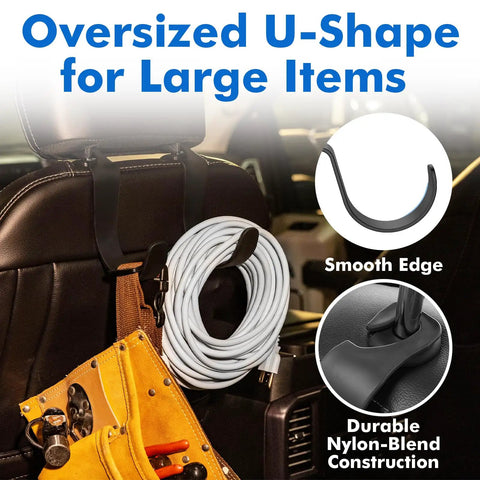 XL Heavy Duty Hard Hat Holder For Truck Seats, Rugged Headrest Hooks with nylon construction holding cable, seat bag.