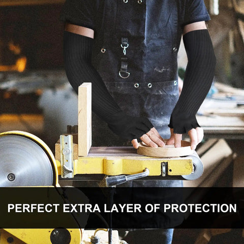 Person wearing Arm Sleeves With Thumb Hole For Men And Women Cut Resistant Protective Sleeve All Day Comfy working with wood.