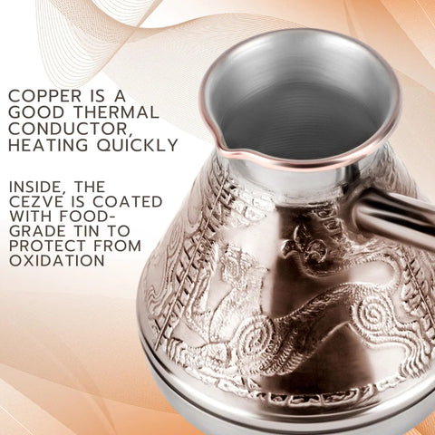 Leopard Copper Turkish Cezve 14 Fl Oz 400 Ml Large Turkish Coffee Pot With Wooden Handle, tin-lined and ornate design, side view.