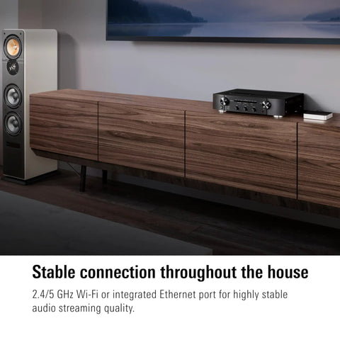 AirPlay Audio Streaming Interface For Your HiFi Setup With Latency Compensation And A Solid DAC on wood cabinet