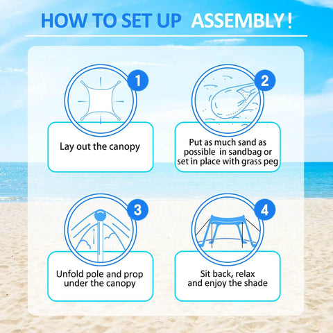 Setup instructions for Big Beach Canopy Sun Shelter 11 By 11 Feet UPF Fifty Plus With Sandbags Outdoor Shade Tent.
