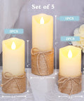Flickering Flameless Candles Set Of 5 Battery Pillar Candles With Timer, hemp rope wrapped, on display in home setting