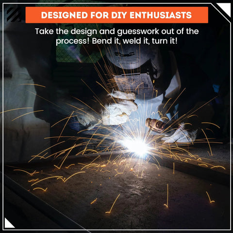 Front bumper bare-metal kit component being welded in workshop; sparks fly.