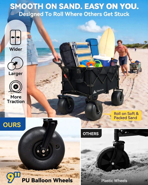 Beach Wagon With 9 Inch PU Balloon Wheels For Sand carrying beach gear on sand trail