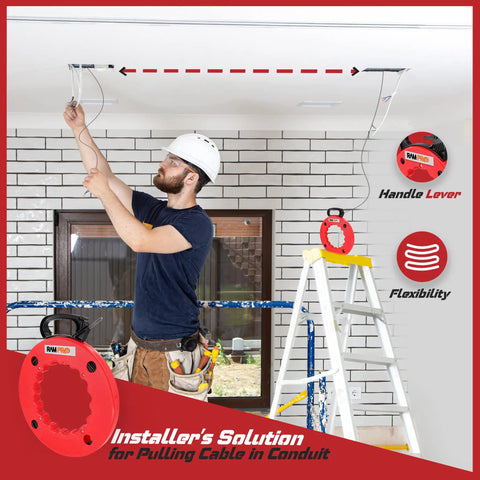 100ft Fiberglass Fish Tape Wire Puller With Durable Steel Spring Core And Ergonomic Handle in use for pulling cables through ceiling.