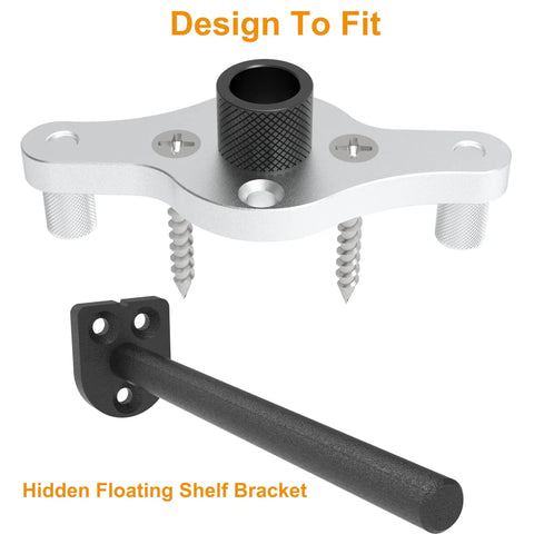 Precision Dowel Jig Kit For Floating Shelves Includes Half Inch Drill Bit Dead Nuts Centered Guide showing silver and black shelf bracket components.