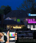 Smart LED lighting control via app in a house with labeled rooms, showcasing RGB mood lights in different colors.