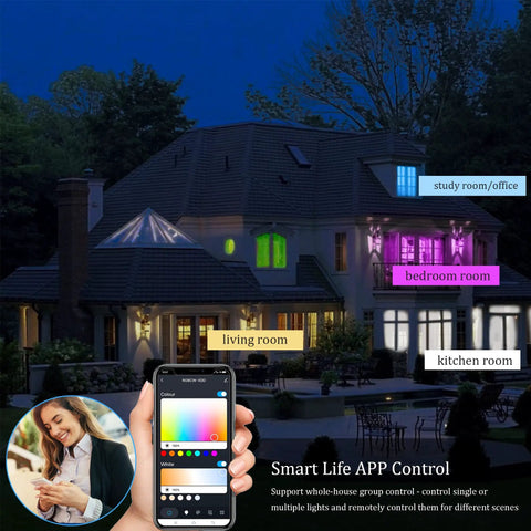 Smart LED lighting control via app in a house with labeled rooms, showcasing RGB mood lights in different colors.