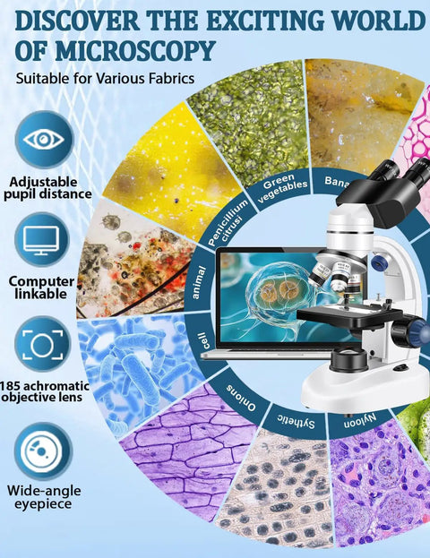 Pro Grade Family Lab Microscope For Adults With USB Camera 40X To 2000X Magnification WF10x And WF25x Eyepieces Ideal For School Home Science Projects And Lab Work showing white binocular microscope with laptop and sample images