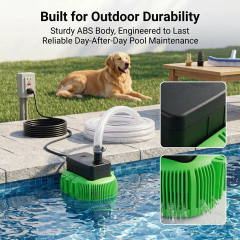 Above Ground Pool Cover Drain Pump 850 GPH Submersible With Built In Thermal Protection in use at pool edge, green.